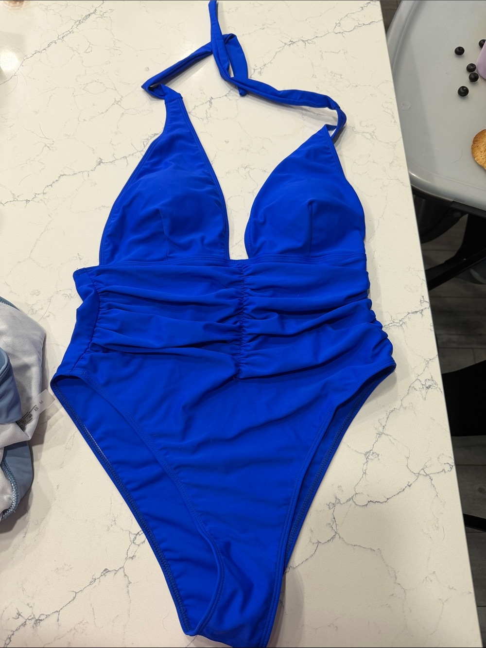 SHEIN Bright Blue Halter Ruched One-Piece Swimsuit